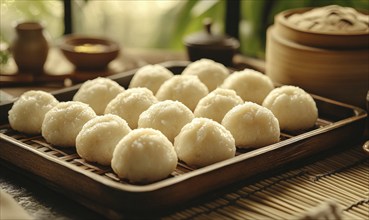 A tray of white pastries sits on a wooden table. The pastries are arranged in a neat row, and there