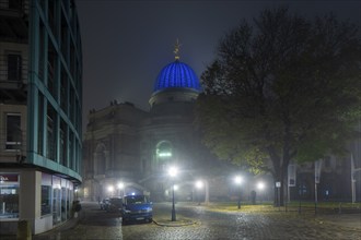 The old town of Dresden shrouded in November fog. Salzgasse with Albertinum, Lipsiusbau octagonal