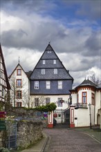 Street with Historic half-timbered houses in Diez, Germany, Europe