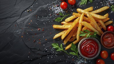 Crispy french fries with parsley, cherry tomatoes, and ketchup on a dark slate background with