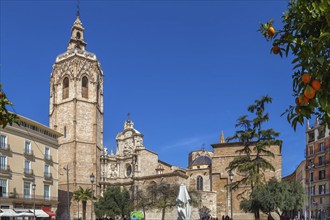 View of Valencia Cathedral or Basilica of the Assumption of Our Lady of Valencia from Plaza de la