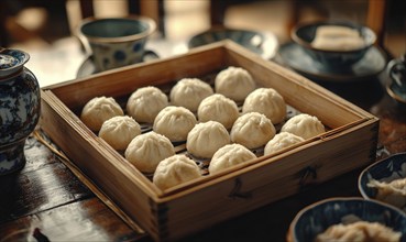 A wooden box with many dumplings inside. The dumplings are white and are sitting on a table AI