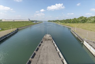 View of the Rhine river canal at lock. Alsace, France, Europe