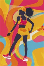 Silhouette of a woman in athletic attire against a vibrant, colorful abstract background, AI