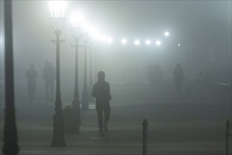 Dresden's Old Town shrouded in November fog. Brühl's Terrace, foggy atmosphere in Dresden, Dresden,