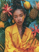 Portrait of a woman surrounded by tropical elements, wearing a bright yellow shirt with flowers and