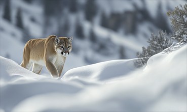 A mountain lion moves through deep snow, surrounded by a calm winter landscape, symbolizing