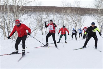 PETROPAVLOVSK CITY, KAMCHATKA PENINSULA, RUSSIAN FAR EAST, FEBRUARY 10, 2018: Skiers running on ski