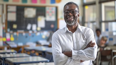 Proud smiling african american male teacher standing in his classroom. generative AI, AI generated