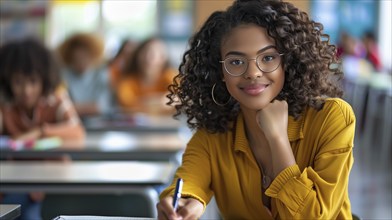 Pretty african american girl sitting at her desk in her classroom. generative AI, AI generated