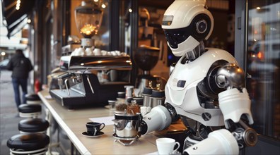 A robot servicing drinks in cafe. Robot artificial intelligence AI takeover. Job replacement, AI