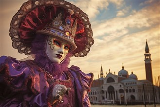 A person adorned in a richly detailed and colorful carnival costume, complete with an elaborate