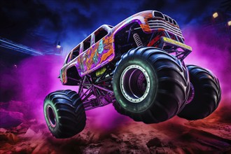 Monster truck with neon lighting, jumping off-road outdoors in cloud of dust, during a night event,