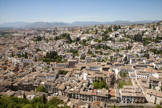 View of historic Moorish buildings in the Albaicin district of Granada, Spain seen from the