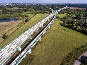 Aerial view of the approximately six-kilometre-long Saale Elster Valley Bridge near Halle, the