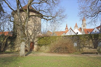 Historic defence defence tower with town wall and towers of collegiate church, St. Johannis Church,