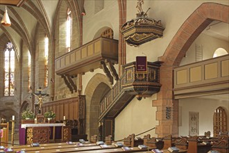 Pulpit and chancel, interior view, gallery, crucifix, collegiate church, Feuchtwangen, Middle