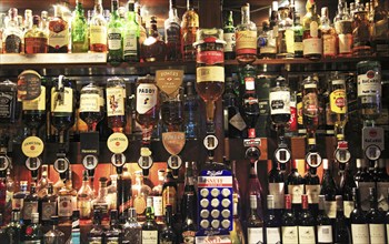 Bottles of spirits bar display inside the Temple Bar pub, Dublin city centre, Ireland, Republic of