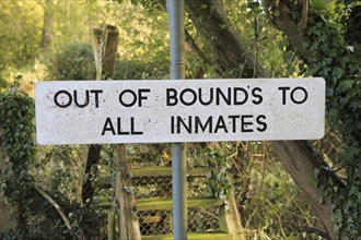 Out of Bounds to all Inmates sign, HM Prison Hollesley Bay, Suffolk, England, UK