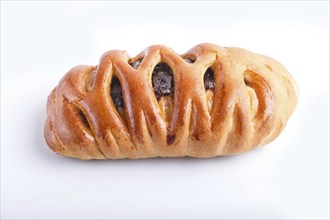 One bun with chocolate filling isolated on white background. closeup