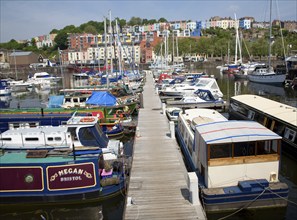 Marina with colourful houses on hillside Clifton, Hotwells, from Floating Harbour, River Avon,