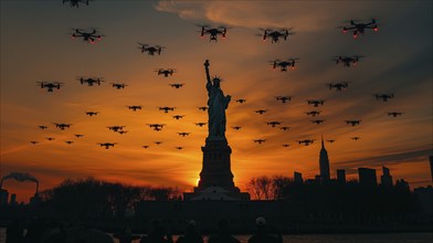 Swarm of UAV unmanned aircraft drones flying near the United States statue of liberty in new york,