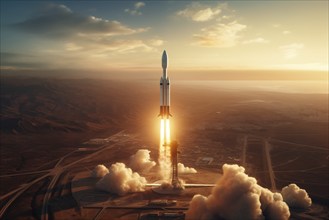 Aerial view of a rocket launch at sunrise sunset over an ocean coast. The rocket is blasting off