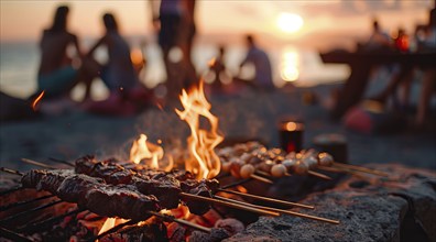 Barbecue BBQ family picnic party on the beach with skewers of meat and meat steaks over charcoal,