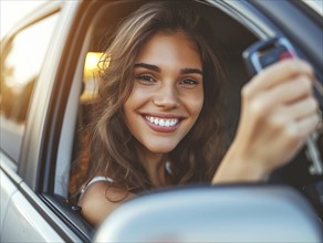 Happy car ownership, beautiful lady holding car keys from the new car, AI generated