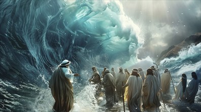 Moses leads the Exodus of the Israelites and jews out of Egypt and across the Red Sea, AI generated