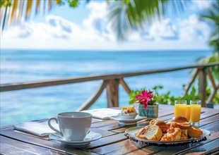 Breakfast with the scenic ocean view on vacation, AI generated