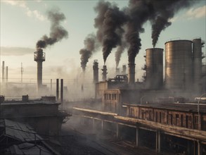 Industrial factory refinery producing a lot of pollution, plume of smokes polluting ozone layer, AI