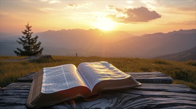 Open bible book on a wooden table at sunset with cross in front of it. Strong Christian faith, AI