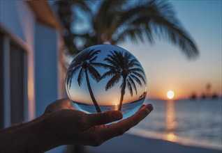 A hand holding a glass sphere with a palm tree reflected in it. The scene is set on a beach at