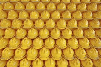 Pyramid with yellow safety helmets, ore hall UNESCO Völklingen Ironworks, working clothes, helmets,