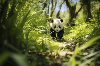 Cute panda cub in a lush bamboo grove, The image showcases the beauty and serenity of nature and