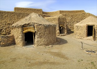 Reconstruction of buildings, Los Millares prehistoric Chalcolithic settlement archaelogical site,