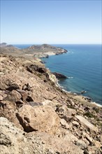 Coastal landscape Cabo de Gata natural park, looking east towards San Jose, Almeria, Spain, Europe