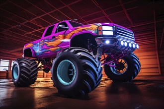 Monster truck illuminated by neon lights, excitement and thrill of an extreme sport and