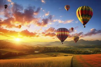 A colorful hot air balloons floats in sky over a blooming field meadow of flowers landscape at