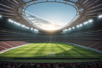 A soccer field with a large crowd of people spectators fans watching the game view. The stadium is