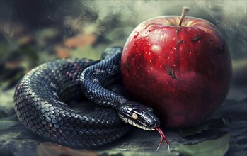 Temptation of Adam and Eve, forbidden fruit in garden of eden leads to primal sin, AI generated