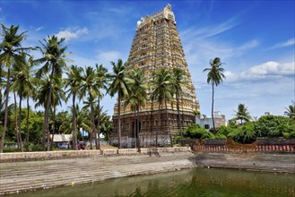 Gopura (tower) and temple tank of Lord Bhakthavatsaleswarar Temple. Built by Pallava kings in 6th