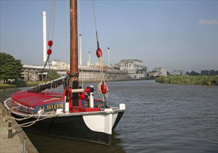 Historic wherry boat called 'Albion' on the River Yare, maintained by the Norfolk Wherry Trust,