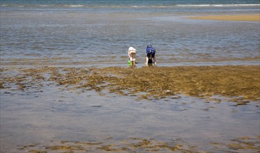 Two children playing with buckets in the sea at Hunstanton, north Norfolk coast, England, United