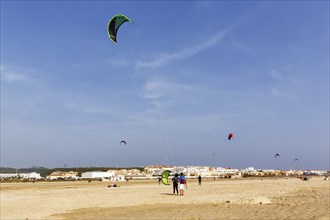 Sandy beach beach Playa de los Lances, kitesurfers and walkers, Tarifa, Strait of Gibraltar, Costa