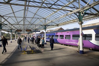 Train at platform with passengers, Bridlington station, Yorkshire, England, United Kingdom, Europe