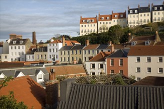 Buildings on hillside, St Peter Port, Guernsey, Channel Islands, UK, Europe