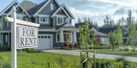 Home for rent real estate sign in front of house. generative AI, AI generated