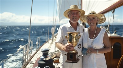 Happy sailing couple holding their trophy on the deck of their sailing boat. generative AI, AI